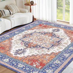 ROCYJULIN 5x7 Area Rugs for Living Room, Low-Pile Faux Wool 5 x 7 Rug for Bedroom, Non-Slip Indoor Carpet for High Traffic Areas, Blue and Orange