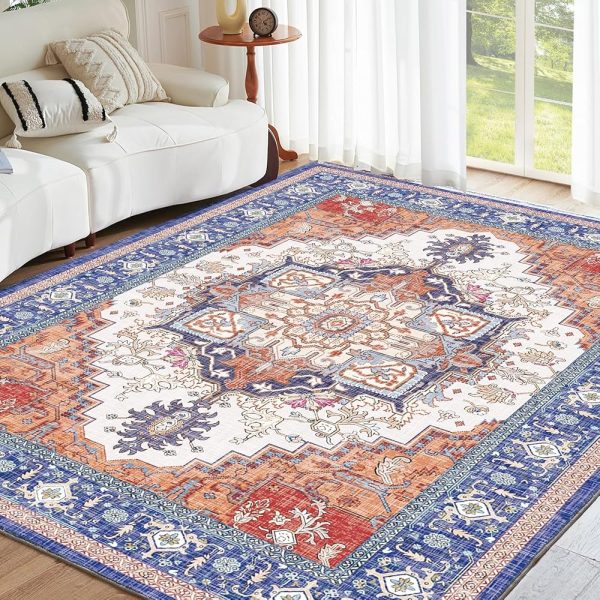 ROCYJULIN 5x7 Area Rugs for Living Room, Low-Pile Faux Wool 5 x 7 Rug for Bedroom, Non-Slip Indoor Carpet for High Traffic Areas, Blue and Orange