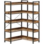 Rolanstar Bookshelf 5 Tier with 4 Hooks, Reversible Corner Bookshelf, 65" Industrial Wooden Bookcase with Open Shelves and Metal Frame for Living Room, Bedroom, Home Office,...