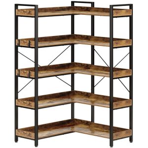 Rolanstar Bookshelf 5 Tier with 4 Hooks, Reversible Corner Bookshelf, 65" Industrial Wooden Bookcase with Open Shelves and Metal Frame for Living Room, Bedroom, Home Office,...