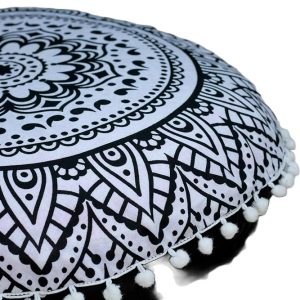 Round Mandala Floor Pillow Cover Seating Cushion Throw Cover Hippie Decorative Bohemian Ottoman Pouf Cover, Pom Pom Pillow Cases,Boho Indian 22 Inches (Black Flower)