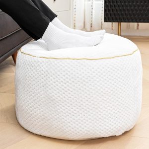 Round Stuffed Pouf Ottoman 20x20x12 Inches Faux Fur Ottoman Foot Rest Under Desk Floor Pouf Foot Stool Poof for Living Room, Bedroom Small Furniture (White)