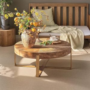 Round Wood Coffee Table for Living Room - Circle Coffee Table with Gold Metal Legs - Rustic Wooden Coffee Table Vintage Coffee Table (Espresso,32.28" D x 32.28" W x 17.72" H)