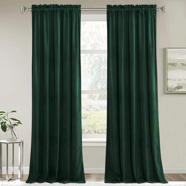 RYB HOME Green Velvet Curtains & Drapes - Half Blackout Soft Window Curtains Thermal Insulating for Bedroom Living Room Dining Sliding Glass Door, Hunter Green, 52" Width x 84"...