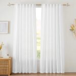 RYB HOME White Sheer Curtains Linen Texture Window Panels, Semi Sheer Light Filetring Rod Pocket & Back Tab Drapes for Bedroom, 52 x 84 inches, Pack of 2