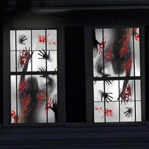 Rypyp Scary Halloween Decorations for Indoor Window, Large Window Clings/Door Covers(59x30in) - 2PCS Horror Zombie with Bloody Handprints at The Window, Halloween Haunted House...