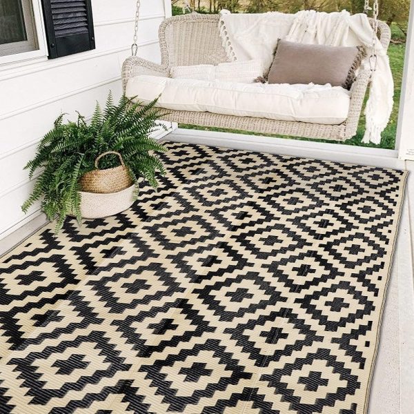 SAND MINE Reversible Mats, Plastic Straw Rug, Modern Area Rug, Large Floor Mat and Rug for Outdoors, RV, Patio, Backyard, Deck, Picnic, Beach, Trailer, Camping, Black & Beige,...