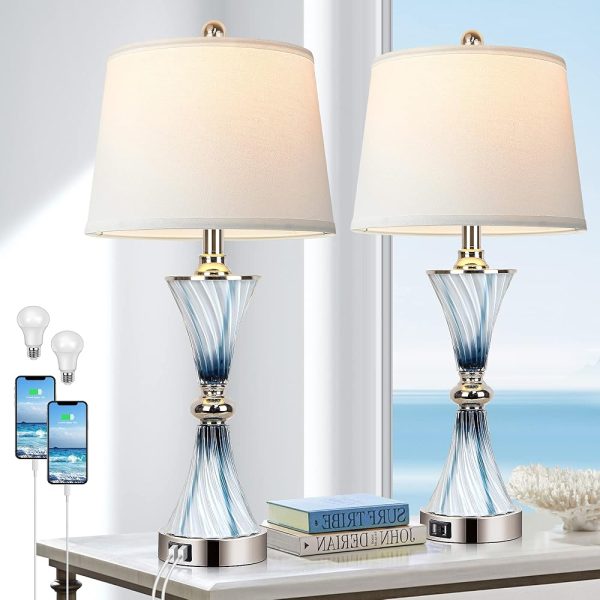 Set of 2 Blue Glass Table Lamps for Bedrooms with 2 USB ports 3-Way Dimmable Touch Coastal Bedside Lamps for Contemporary Style Modern Nightstand Lamps with 2 LED Bulbs for Home...