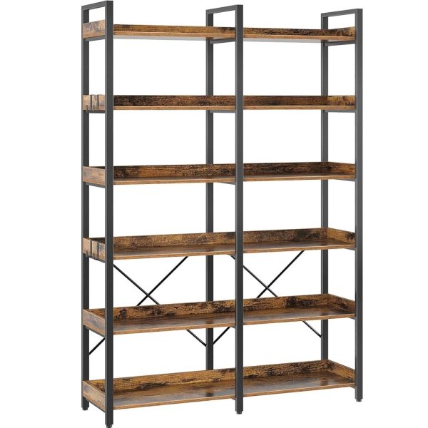 Seventable Bookshelf 6 Tier with 4 Hooks, 69” Industrial Wooden Bookcase, Vintage Storage Rack with Open Shelves, Rustic Standing Bookshelves Metal Frame 47.3” Wide Display...