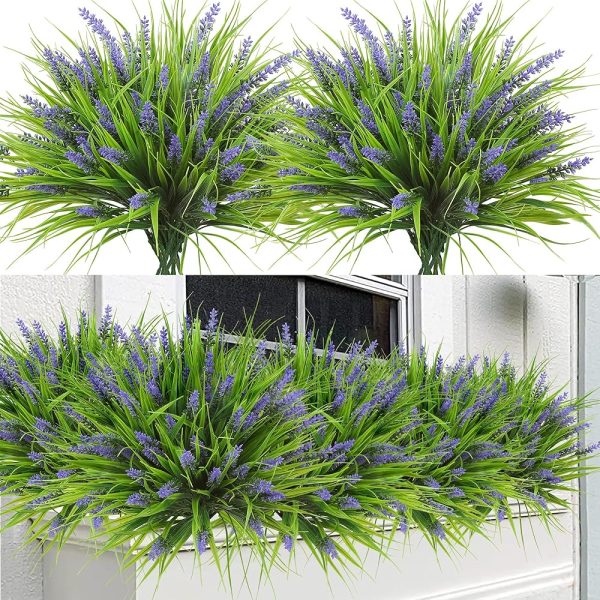 Sggvecsy 12 Bundles Artificial Plants Outdoor Faux Lavender Flowers Fake Monkey Grass UV Resistant Plastic Greenery Plants for Garden Home Porch Window Patio Hanging Planter...