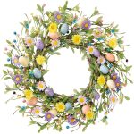 Sggvecsy 20 Inch Easter Wreath Spring Wreath Artificial Flower Wreath with Colorful Eggs Daisies Berries Eucalyptus Leaves for Front Door Easter Summer Farmhouse Holiday Wall...