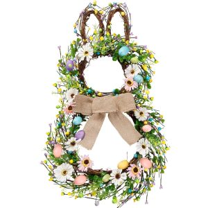 Sggvecsy 25 Inch Easter Bunny Wreath Spring Wreath Bunny Shaped Artificial Flower Wreath with Colorful Berries Daisies Greenery Bow Knot for Front Door Easter Summer Farmhouse...