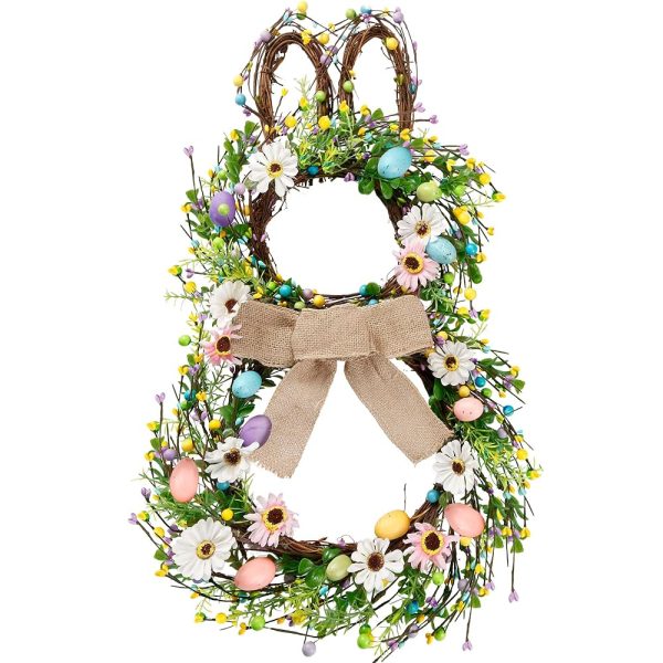 Sggvecsy 25 Inch Easter Bunny Wreath Spring Wreath Bunny Shaped Artificial Flower Wreath with Colorful Berries Daisies Greenery Bow Knot for Front Door Easter Summer Farmhouse...