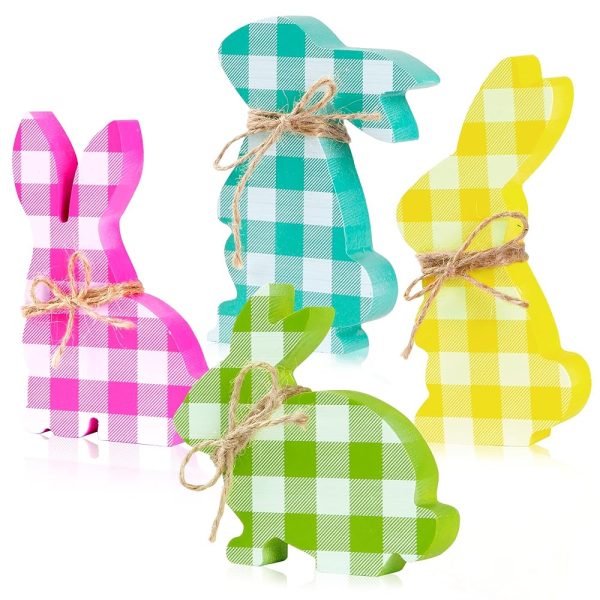 Sggvecsy 4 Pieces Easter Bunny Wooden Signs Spring Bunny Wood Table Centerpieces Tiered Tray Decor Freestanding Rabbit Shape Tabletop Decoration with Jute Rope for Farmhouse...