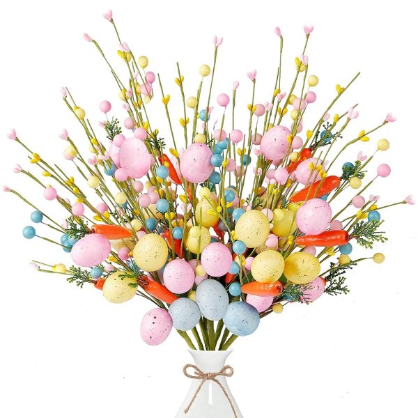 Sggvecsy Artificial Easter Stems 6 Pcs Spring Berry Picks with Easter Eggs Carrot Colorful Berries Twig Branches Easter Sprays for Easter Arrangement Centerpiece Easter...