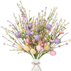 Sggvecsy Artificial Easter Stems 6 Pcs Spring Berry Picks with Easter Eggs Colorful Berries Leaves Twig Branches Easter Sprays for Easter Celebration Easter Arrangement...