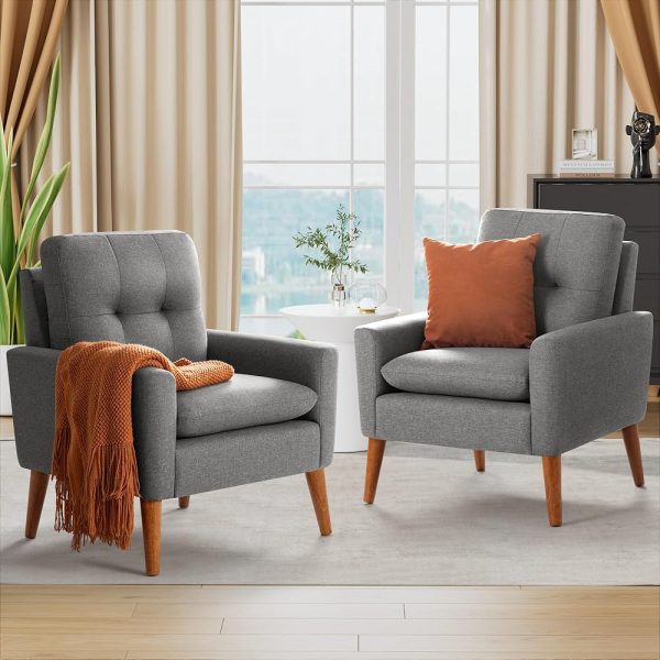 Shahoo Set of 2 Mid-Century Modern Fabric Accent Chair Upholstered Lounge Armchair with Solid Wood Frame & Soft Cushion for Living Room, Bedroom, Belcony, Grey