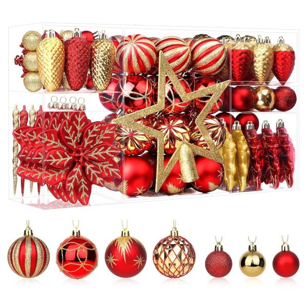 SHareconn 106PCS Christmas Balls Ornaments Set, Colorful Shatterproof Plastic Decorative Baubles for Xmas Tree Decor Holiday Wedding Party Decoration with Hanging Hooks, Red & Gold