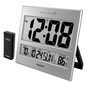 Sharp Atomic Clock - Atomic Accuracy - Never Needs Setting! -Silver Tech Style - Jumbo 3" Easy to Read Numbers - Indoor/Outdoor Temperature Display with Wireless Outdoor Sensor...