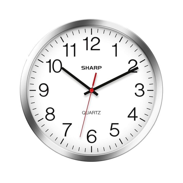 SHARP Wall Clock – Silver/Chrome, Silent Non Ticking 10 Inch Quality Quartz Battery Operated Round Easy to Read Home/Kitchen/Office/Classroom/School Clocks, Sweep Movement