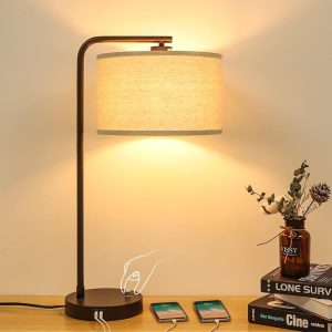 Side Table Lamp with Dual USB Ports, Dimmable Bedside Lamp Modern Nightstand Lamp Desk Reading Lamp with Linen Lampshade for Bedroom, Living Room, Study Room, Office, 9W 3000K...