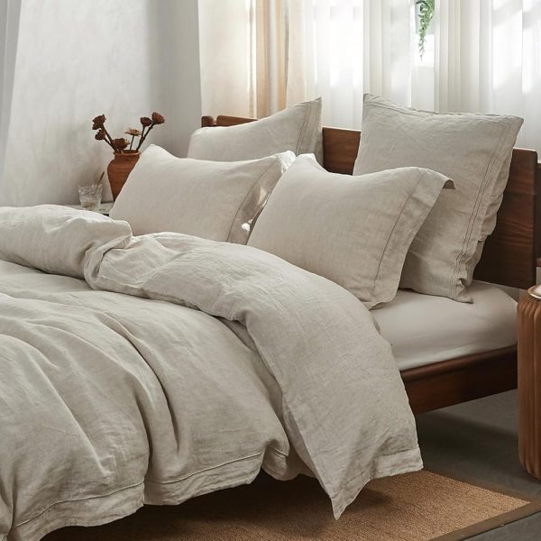 Simple&Opulence 100% Washed Linen Duvet Cover with Embroidered,Queen Size(88"x 92"),3 Pieces Soft Farmhouse Comforter Set with Button Closure,1 Duvet Cover and 2...