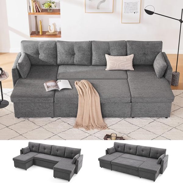 Sleeper Sofa Couch, 110 inch Oversize 2 in 1 Pullout Sofa Bed with Double Storage Chaise, Sectional Sleeper Sofa Bed with Side Pocket for Living Room, Dark Grey