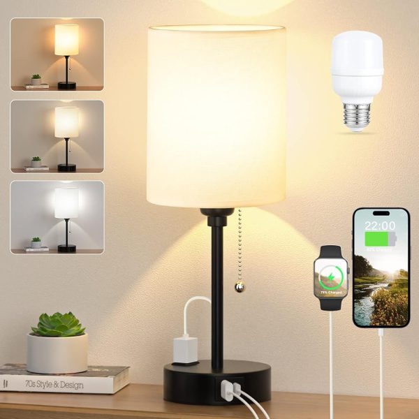 Small Bedside Table lamp for Bedroom - 3 Color Temperatures Bedside Lamps with USB C and A Ports, Pull Chain Table Lamps with AC Outlet, White Nightstand Lamps with Black Metal...