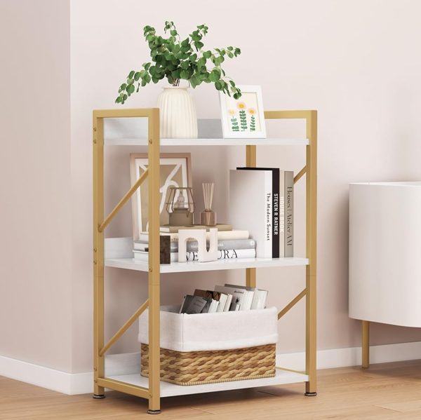 Small Bookshelf for Small Spaces, 3 Tier Bookcase, Narrow Gold Book Shelf, Small Shelf Open Display Rack for Bedroom, Living Room, Home Office,White&Gold