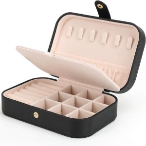 Small Jewelry Box Necklace Ring Storage Organizer Mini Jewelry case Double Layer Travel Jewelry Organizer for Women Girls Gift/Black