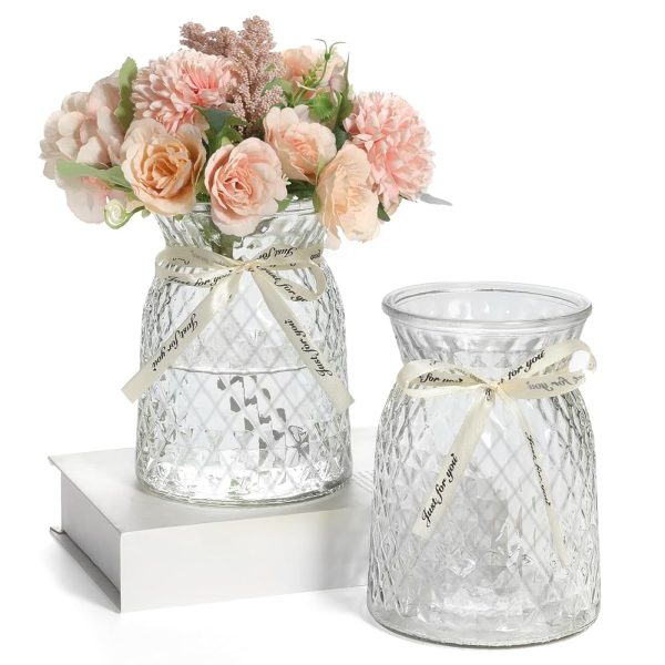 SOJOCK 2PACK Glass Flower Vases(Flowers NOT Included),6.3" High Diamond Pattern Vases,Large Vases for Flowers,Vintage Vases for Centrepieces,Wedding Decorations,Home Table...