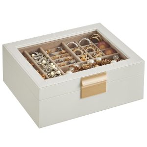 SONGMICS Jewelry Box with Glass Lid, 2-Layer Jewelry Organizer with Removable Tray, Jewelry Storage, Modern Style, Gift for Loved Ones, Cloud White and Metallic Gold UJBC238W01