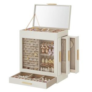 SONGMICS Jewelry Box with Glass Window, 5-Layer Jewelry Organizer with 3 Side Drawers, Jewelry Storage, with Big Mirror, Modern, 6.1 x 10.3 x 12.6 Inches, Cloud White and...