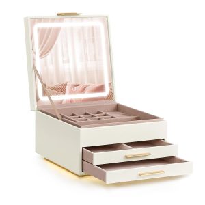 SONGMICS Jewelry Box with LED Lights and Mirror, 3-Tier Jewelry Storage Organizer with 2 Drawers, PU Surface, Floating Base, Modern, Gift Idea, 9.1 x 9.1 x 5.5 Inches, Cream...