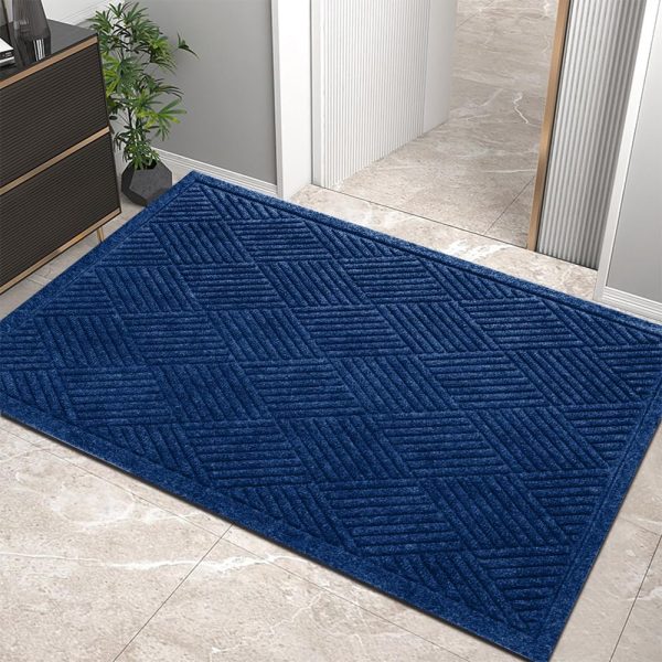 Sturdy Front Door Mat, Absorbent Muddy Dirt Resist Welcome Door Mats Outdoor Indoor, Stain and Fade Resistant, Non-Slip Rubber Backing Low Profile Doormat for Entryway, 36×24, Blue