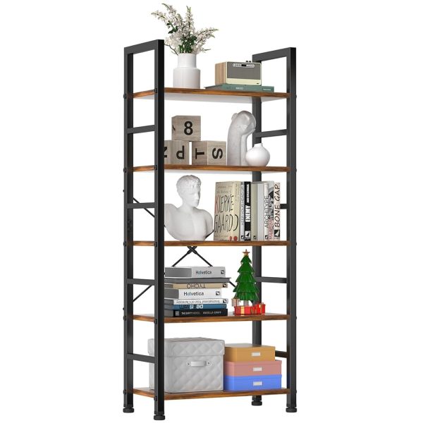 Sweetcrispy Book Shelf, 5 Tier Bookcase, Tall Bookshelf Modern Book Case for Books, Garage Kit, CDs, Movies, Industrial Corner Storage Organizer for Bedroom Home Office Kitchen...