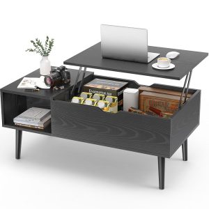 Sweetcrispy Coffee Table Black, Lift Top Coffee Tables for Living Room, Small Rising Wooden Dining Center Tables with Storage Shelf and Hidden Compartment