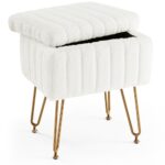 Sweetcrispy Vanity Stool Chair with Storage, Ottoman Faux Fur Soft Padded Makeup Footstools Seat with 4 Metal Legs Anti-Slip Adjustable Feet Modern Cute Small Footrest for Home...