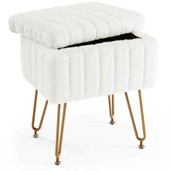 Sweetcrispy Vanity Stool Chair with Storage, Ottoman Faux Fur Soft Padded Makeup Footstools Seat with 4 Metal Legs Anti-Slip Adjustable Feet Modern Cute Small Footrest for Home...