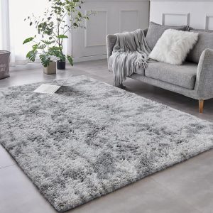 TABAYON Shag Area Rug, 5x7 Ft Tie-Dyed Light Grey Upgrade Anti-Skid Durable Rectangular Cozy High Pile Soft Throw Rug for Nursery/ Living Room