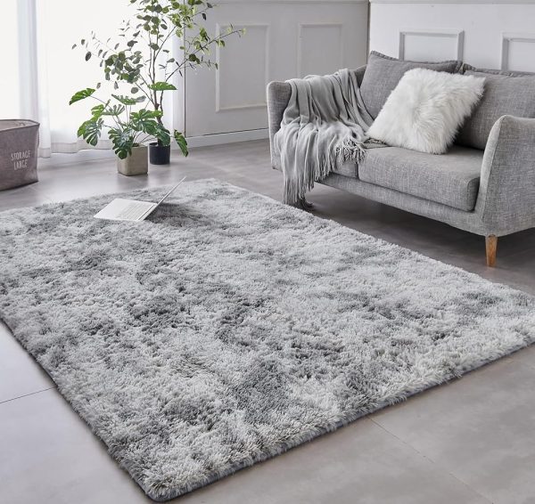 TABAYON Shag Area Rug, 5x7 Ft Tie-Dyed Light Grey Upgrade Anti-Skid Durable Rectangular Cozy High Pile Soft Throw Rug for Nursery/ Living Room