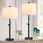 Table Lamp for Bedroom Set of 2, 23" to 30" Height Adjustable Bedside Lamp with 2 USB Ports, Black Nightstand Lamp with White Shade, Modern Pull Chain Table Lamp for Living Room...