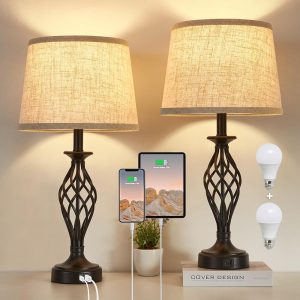 Table Lamp for Bedroom Set of 2 with USB C+A Ports, Modern Bedside Lamps with Spiral Cage Base, Fabric Shade, Nightstand Lamp for Living Room Reading Bed Side End Table, 2 LED...