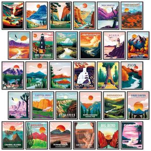 Teling 30 Pieces Vintage National Park Art Prints Nature Art and Mountain Print Posters Set for Home Living Room Bedroom Bathroom Decor(Stylish Color,Watercolor)