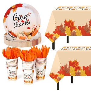 Thanksgiving Party Supplies, 152Pcs Give Thanks Themed Party Set,Thanksgiving Dinnerware Sets ,Thanksgiving Tablecloths Plates Cups,Thanksgiving Party Tableware for Fall Dinner...