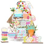 Thrilez 21 Pcs Easter Tiered Tray Decorations Set, Bunny Eggs Happy Easter Wood Signs Bead Garland Spring Decorations for Home, Farmhouse