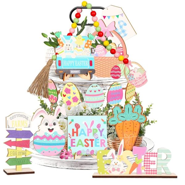 Thrilez 21 Pcs Easter Tiered Tray Decorations Set, Bunny Eggs Happy Easter Wood Signs Bead Garland Spring Decorations for Home, Farmhouse