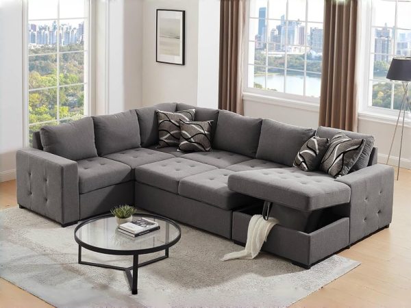 THSUPER Sectional Sleeper Sofa Bed with Storage Chaise, U Shape Oversized Sectional Couch with Pull Out Bed for Living Room Gray, 6 Seater Gray