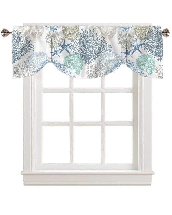 Tie Up Valance for Windows Nautical Coastal Ocean Coral Curtains Valances Rod Pocket Valance Window Treatments Beach Themed Blue Teal Balloon Curtains for Kitchen Living Room...