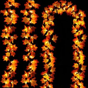 [ Timer & 3 Pack ] 30Ft Fall Garland Halloween Fall Decorations for Home 60 LED Leafed Lights Patented Realistic Maples Leafed Battery Operated Autumn Fall Halloween Decor...